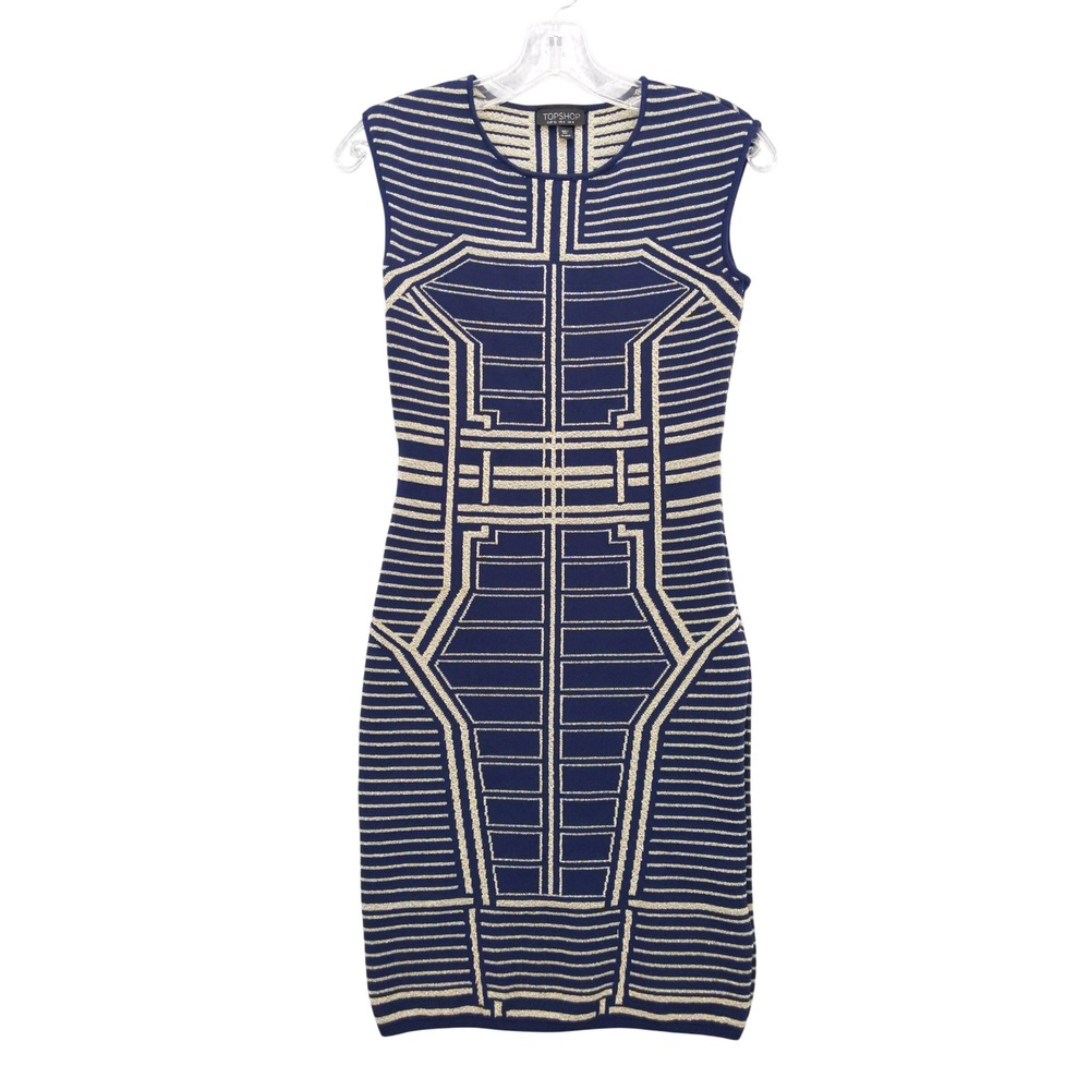 TOPSHOP‎ Bodycon Dress Geometric Metallic Knit Sleeveless Blue Size US 4